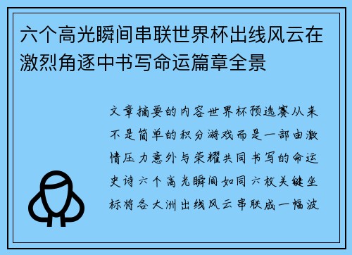 六个高光瞬间串联世界杯出线风云在激烈角逐中书写命运篇章全景