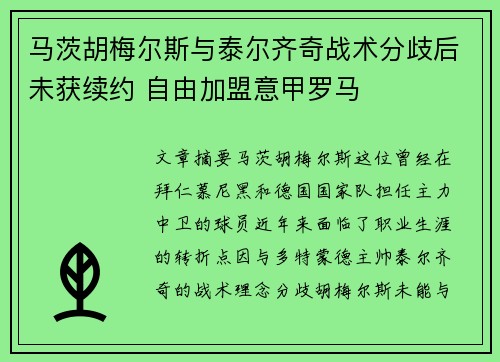 马茨胡梅尔斯与泰尔齐奇战术分歧后未获续约 自由加盟意甲罗马